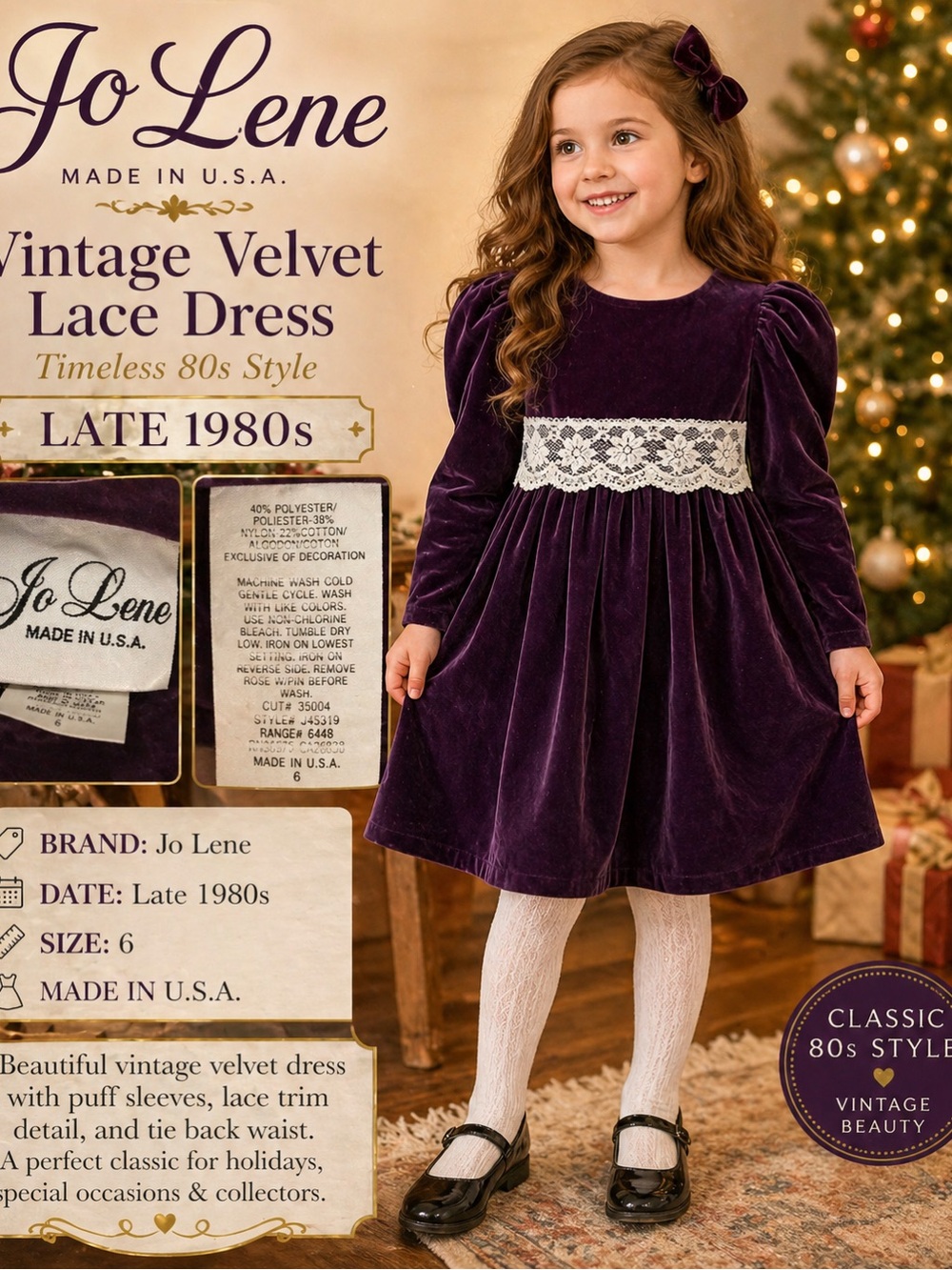 Vintage 80s Jo Lene Purple Velveteen Dress Size 6 Lace Holiday